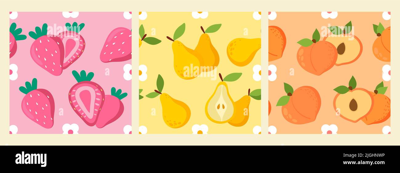 Set di tre modelli senza giunture vettoriali di frutta. Comprende pere, pesche e fragole. Adatto per avvolgere, tappezzeria per la vostra casa, design di moda Illustrazione Vettoriale