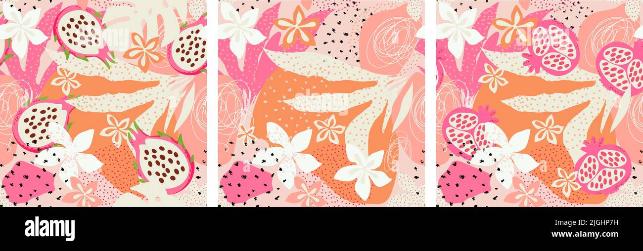 Design moderno ed esotico. Un insieme di modelli astratti disegnati a mano. Melograno, pitahaya, foglie esotiche e fiori. Serie di ripetizioni senza giunture. Illustrazione Vettoriale