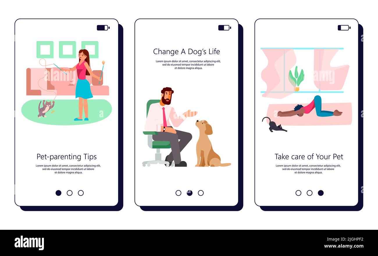 Set di app con concetto di vita per animali domestici. Situazione diversa dei proprietari con i loro animali domestici. Illustrazione del vettore Flat Art. Illustrazione Vettoriale
