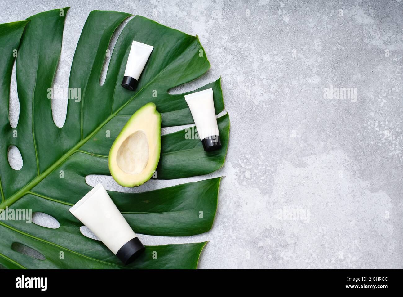 Crema idratante con olio di avocado su foglia tropicale con spazio di copia. Crema con mock up Foto Stock