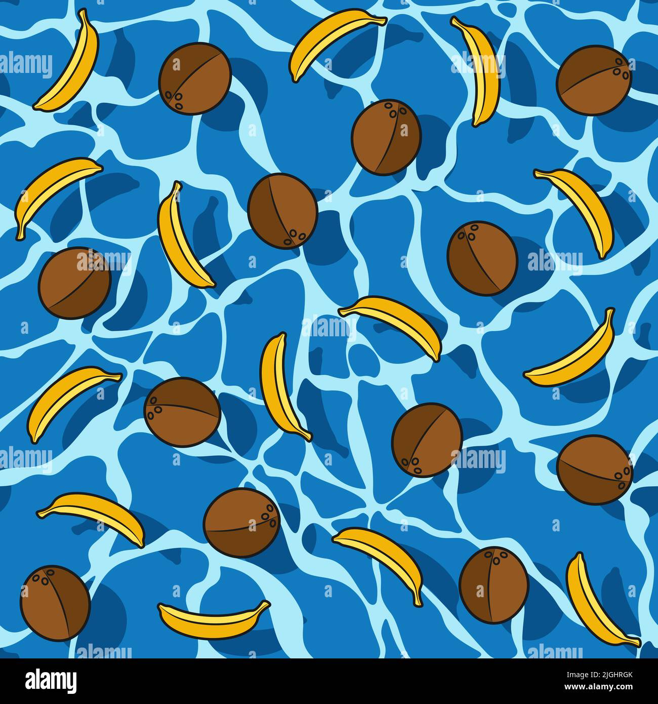 Modello senza cuciture con banane e noci di cocco in acqua. Sfondo estivo colorato vettoriale. Illustrazione Vettoriale
