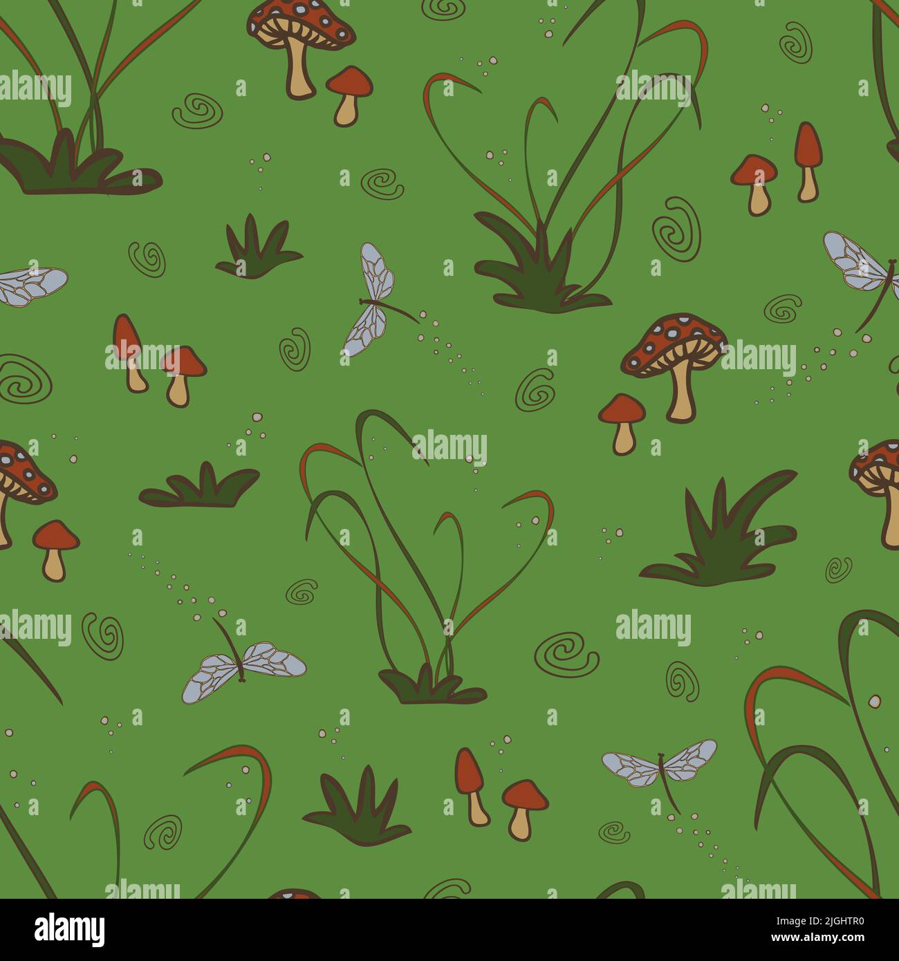Modello vettoriale senza giunture con funghi e libellule su sfondo verde. Carta da parati foresta magica design per i bambini. Illustrazione Vettoriale