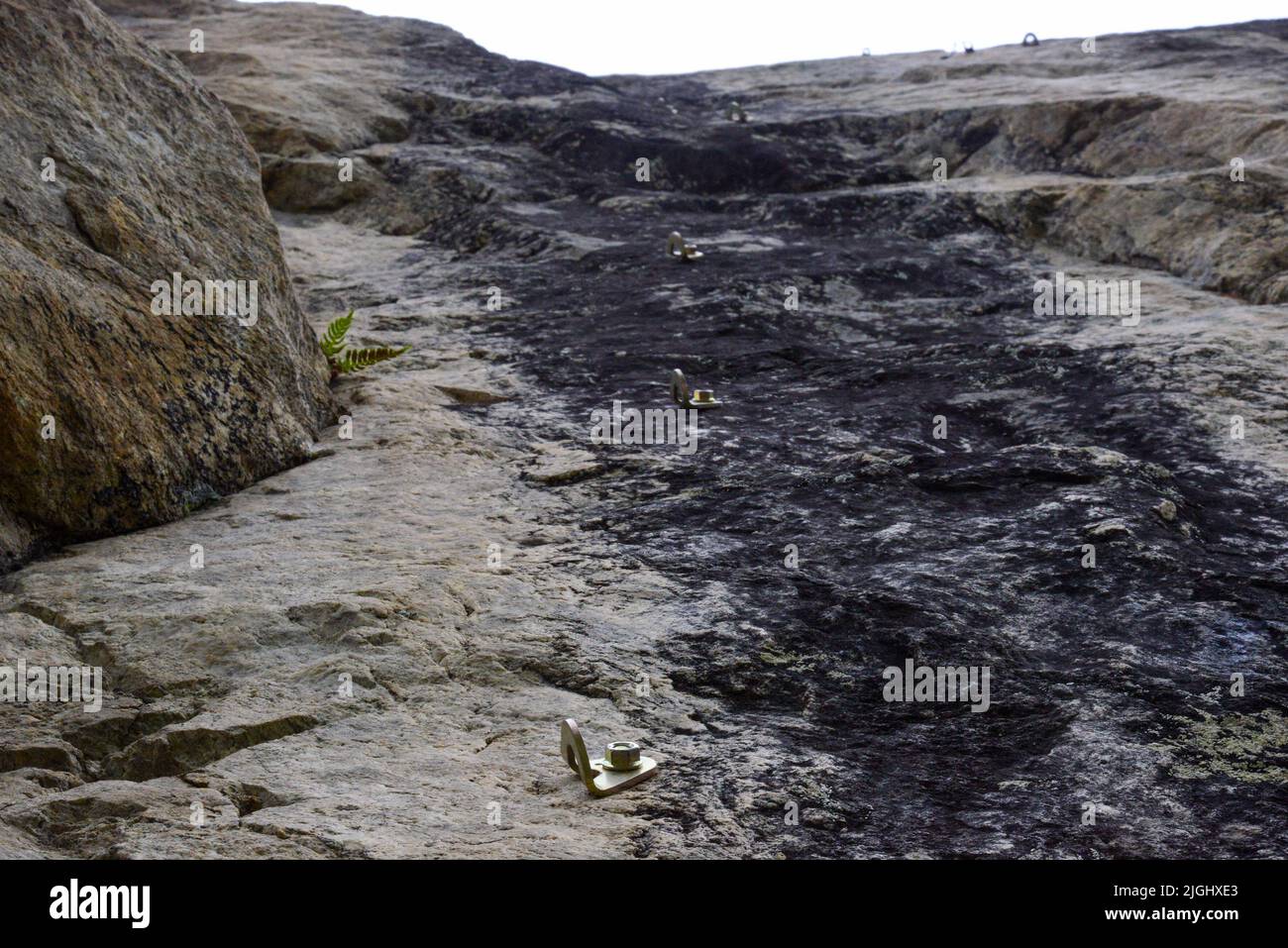 Ancora arrampicata su una parete di roccia. Nuovo Piton di ferro. Gancio per arrampicata su roccia. Vite di fissaggio per arrampicarsi su un muro di pietra. Attrezzatura da arrampicata progettata per organo Foto Stock