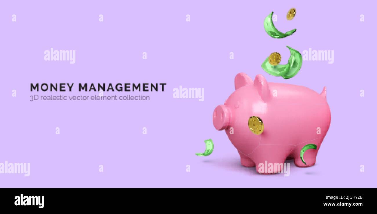 Rosa Piggy banca e cadere twisted carta verde denaro e monete d'oro. Finanziamento banner di investimento isolato. Concetto di risparmio di denaro. Illustrazione vettoriale Illustrazione Vettoriale