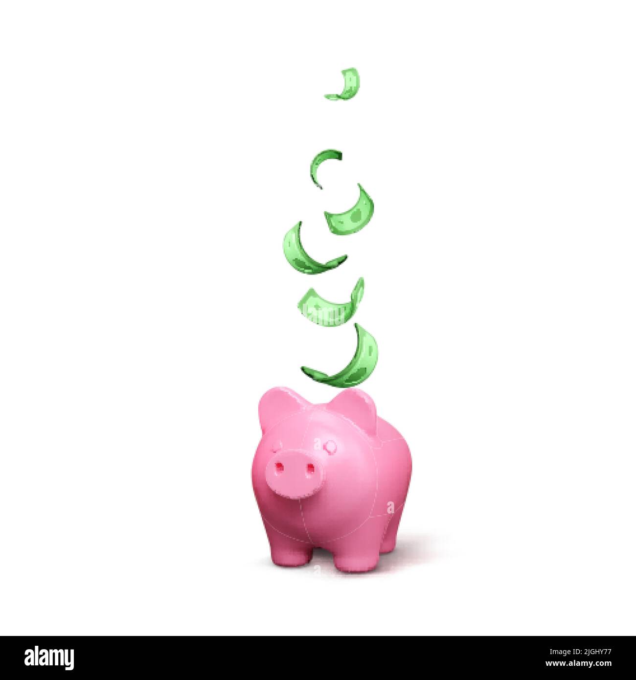 Rosa Piggy banca con calo verde carta dollaro. Finanziamento banner di investimento isolato. Concetto di risparmio di denaro. Illustrazione vettoriale Illustrazione Vettoriale