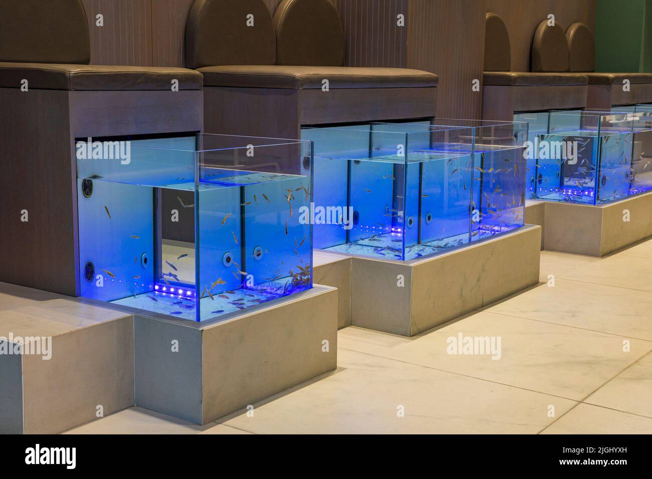 L''Anjeli Studio Salon è un salone di bellezza moderno e lussuoso, dotato di un centro benessere Pesce Spa pedicure o Footfish nell'isola di Skiathos, a Sporades, in Grecia Foto Stock