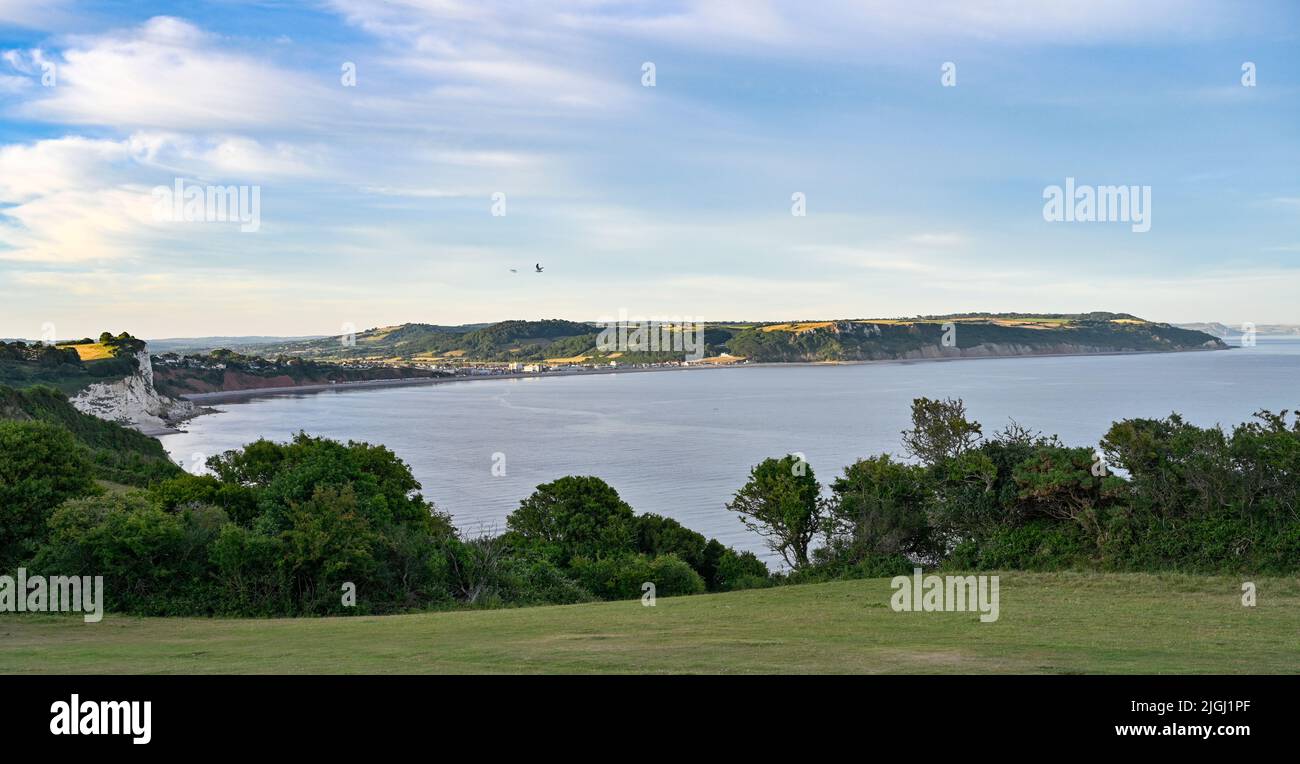 Devon Beer Head, vista su Seaton e la sera estiva della Valle dell'Ax Foto Stock