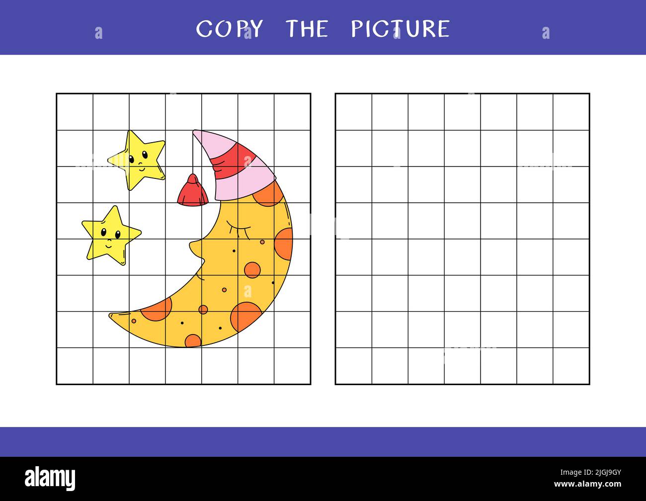 Copia l'immagine della luna carina in berretto da notte e stelle. Semplice gioco educativo per i bambini. Foglio di lavoro vettoriale Foto Stock