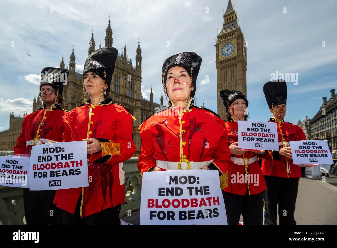 Londra, Regno Unito. 11 luglio 2022. I membri della PETA (People for the Ethical Treatment of Animals) stunt si stentano sul Ponte di Westminster vestito come le Guardie della Regina che si ricoprono di sangue falso. L’acrobazia è in vista di un dibattito in Parlamento in cui i deputati discuteranno la sostituzione delle pelli dei cuscinetti utilizzate per i cappelli della Guardia della Regina con pelliccia sintetica. Credit: Stephen Chung / Alamy Live News Foto Stock