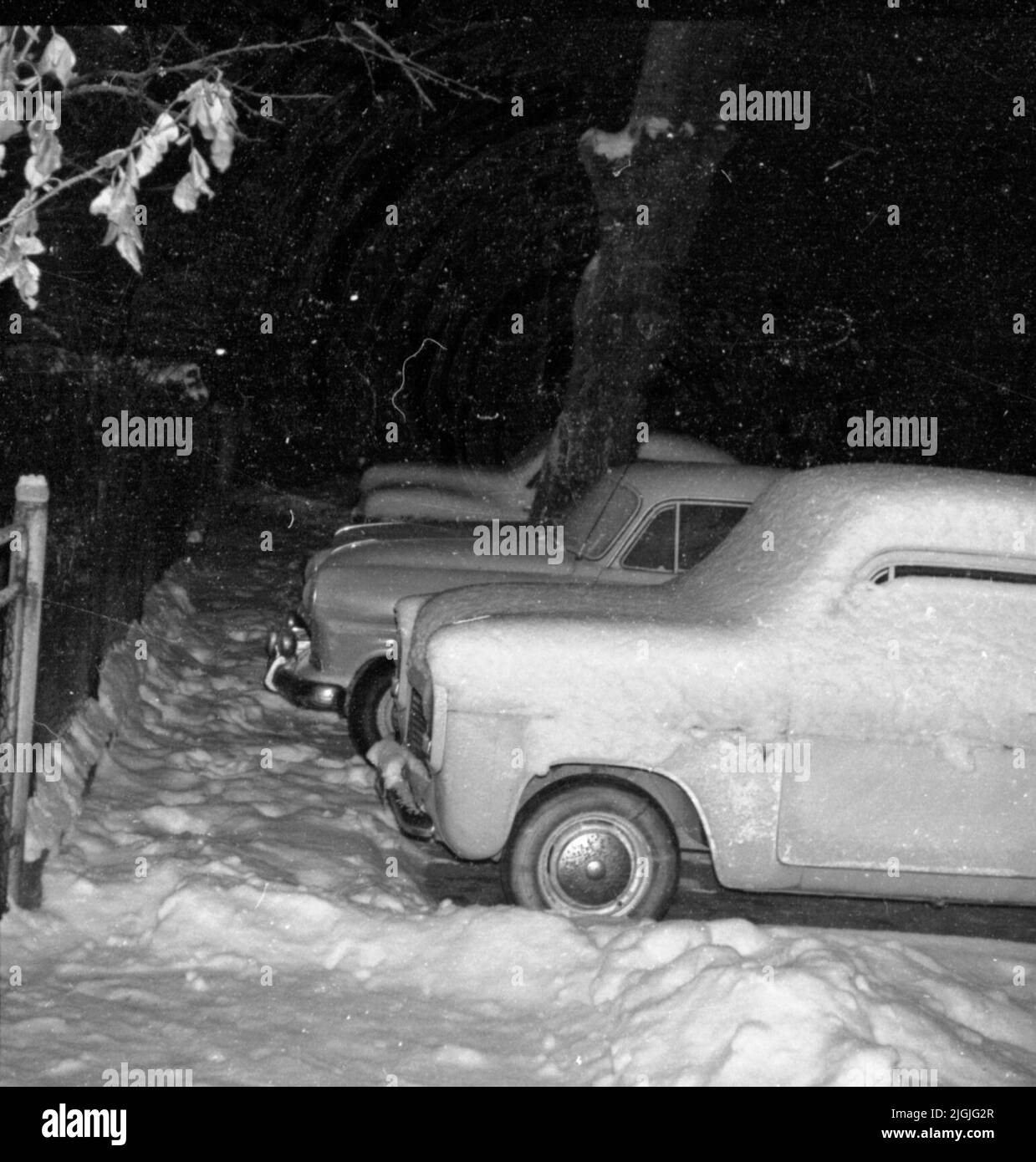 Auto innevate nel parcheggio, luogo sconosciuto. Foto Stock