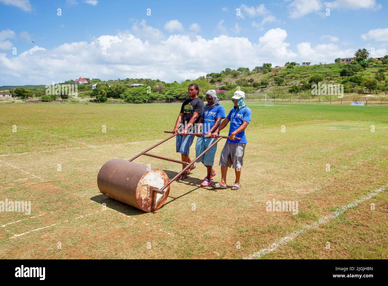 Giamaica, un campo di cricket è preparato. Foto Stock