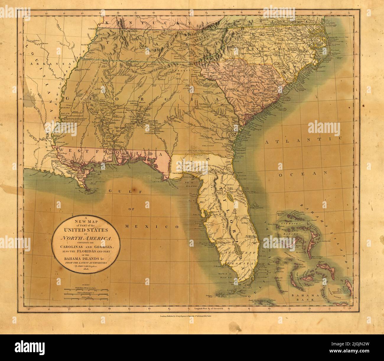 Mappa britannica degli Stati Uniti del Nord America, Carolinas, Georgia, Florida e Bahama Islands, 1806, di John Cary Foto Stock