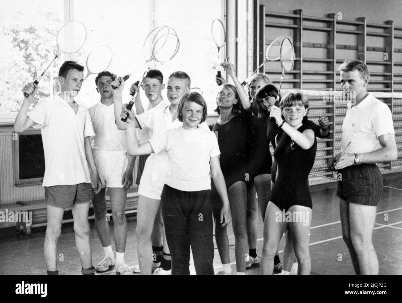 Läger Badminton giovani al campo di 1965 Hällevik. Foto Stock