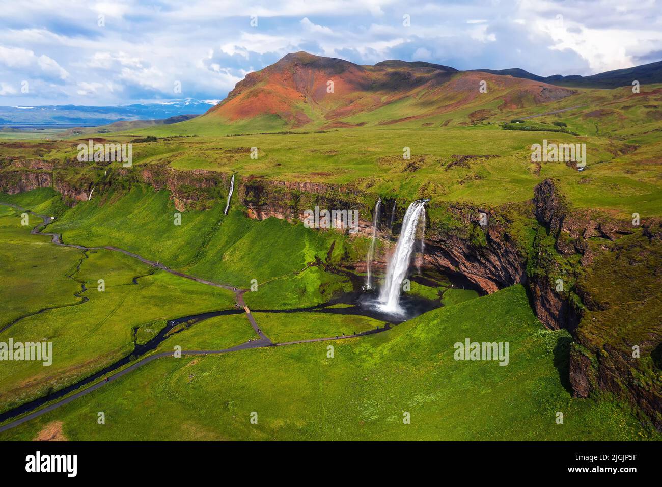 Veduta aerea della cascata Seljalandsfoss in Islanda Foto Stock
