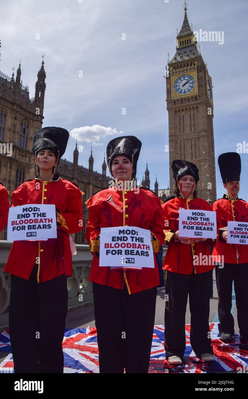 Londra, Regno Unito. 11th luglio 2022. Gli attivisti DI PETA che indossavano i costumi della Queen's Guards, coperti di sangue falso e in piedi su Union Jacks macchiati di sangue, hanno organizzato una protesta contro l'uso di pelli di orso nei cappucci della Queen's Guards sul Ponte di Westminster fuori dal Parlamento. Attualmente, il Ministero della Difesa utilizza la vera pelliccia di orso per fare le calotte, e ci vuole un orso per fare solo una testa. PETA ha contribuito a sviluppare un'alternativa adatta alla pelliccia sintetica, che il MOD ha finora rifiutato di utilizzare. Credit: Vuk Valcic/Alamy Live News Foto Stock