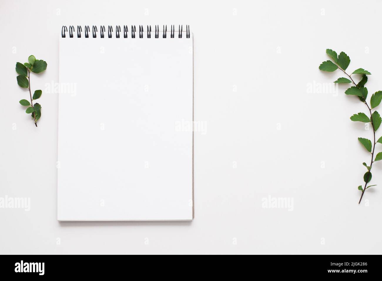 Libro di schizzo vuoto su sfondo bianco, spazio libero Foto Stock