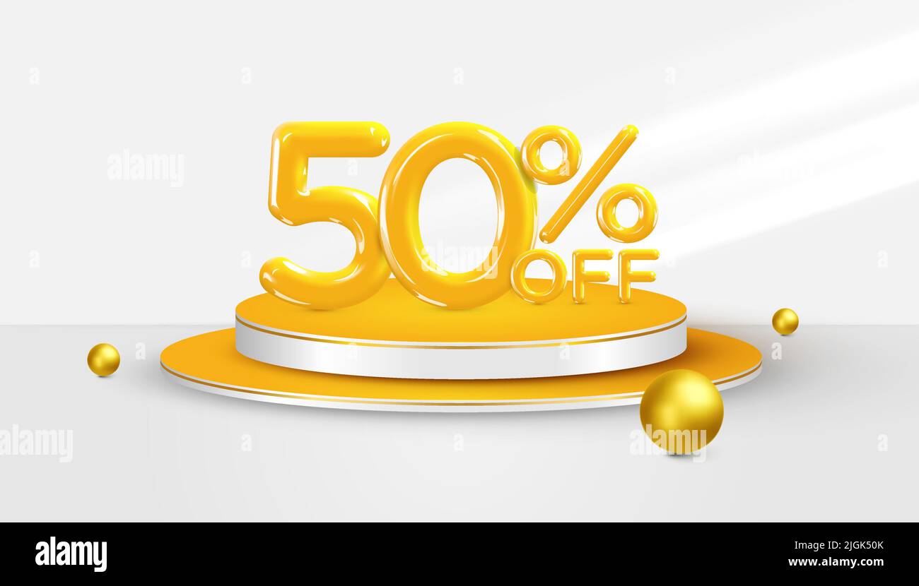 50% di sconto. 3d simbolo di bonus del cinquanta per cento su un palco del podio. Vendita banner o poster design. Illustrazione vettoriale. Illustrazione Vettoriale