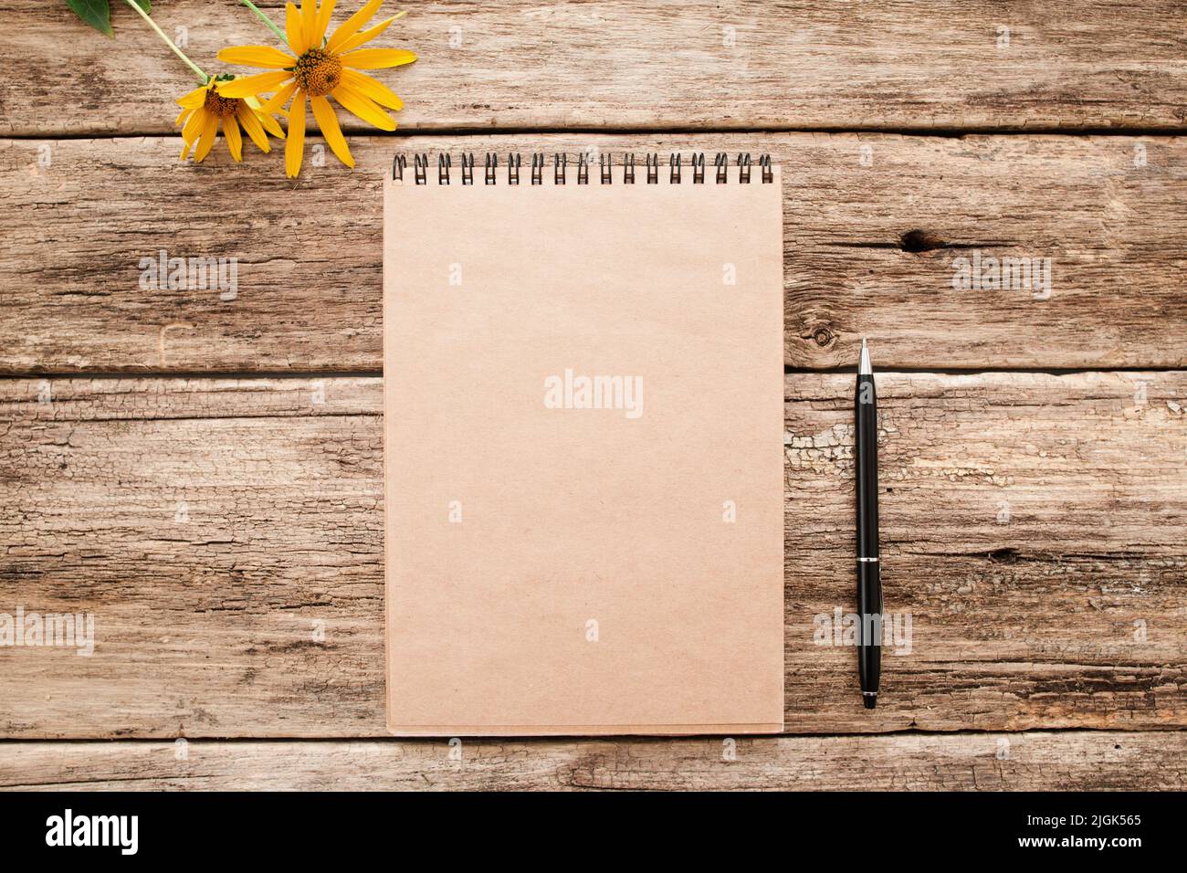 Libro di schizzo marrone su vecchio legno piatto mockup Foto Stock