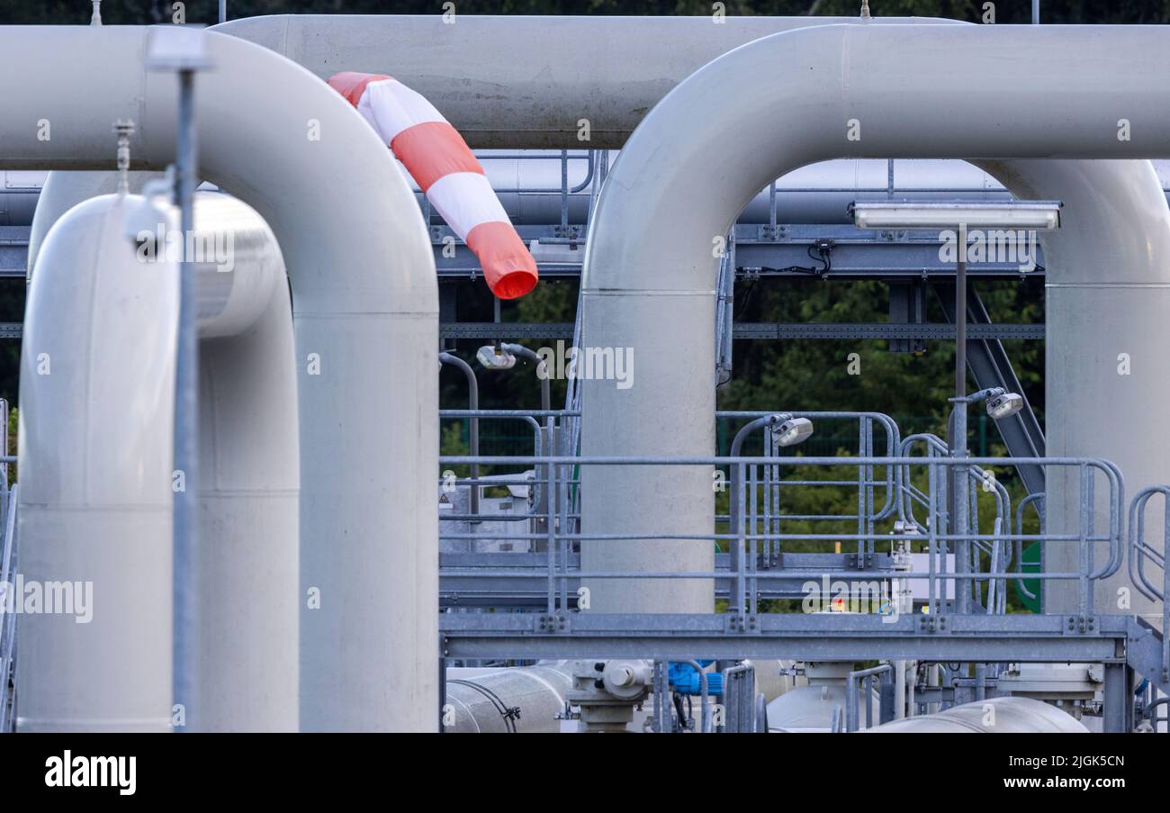 Lubmin, Germania. 11th luglio 2022. Sistemi di tubazioni del gasdotto Nord Stream 1 per il Mar Baltico. Credit: Jens Büttner/dpa/Alamy Live News Foto Stock