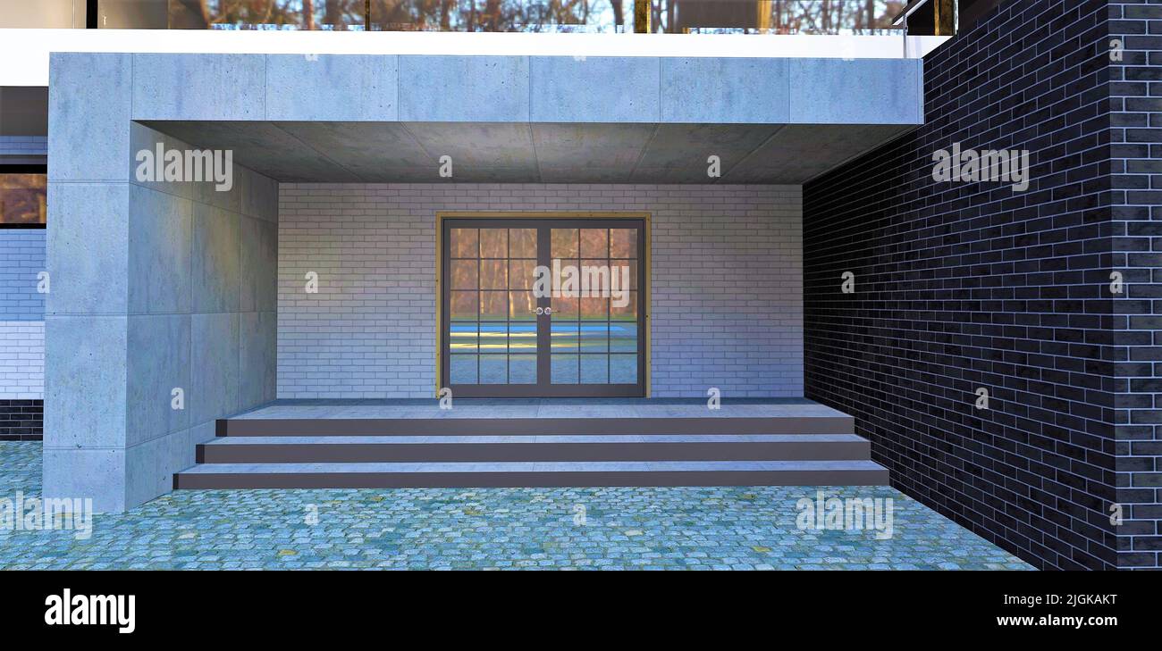 Ingresso a una lussuosa casa di campagna high-tech. Finitura in mattoni bianchi e neri. 3d rendering. Buona idea per i progettisti. Foto Stock