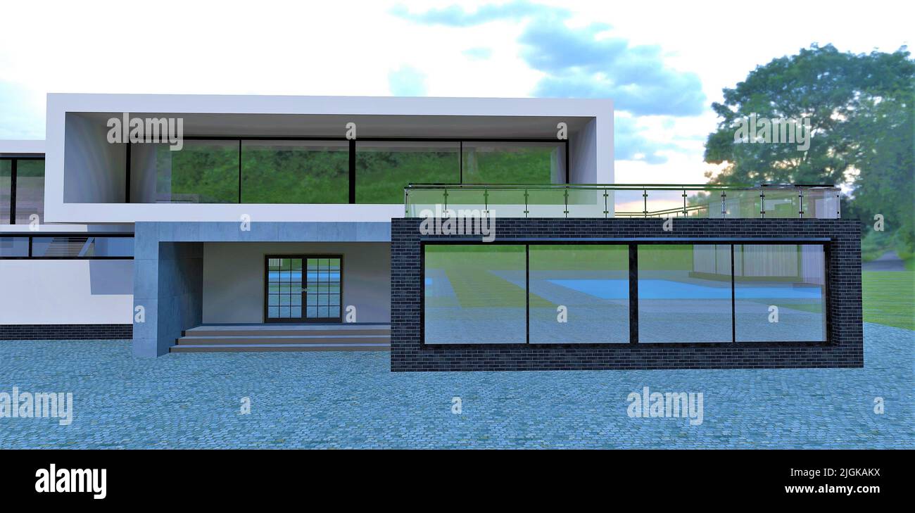 Lussuosa casa di campagna avanzata. Stile high tech. Forme rettangolari allungate. 3d rendering. Una buona idea per i progettisti costosi del bene immobile. Foto Stock