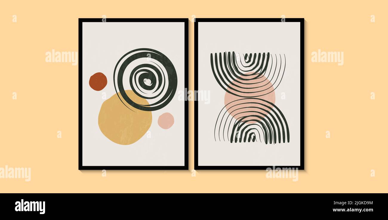 Arte da parete minimalista astratta nei colori verde, giallo, arancione. Stile linea semplice. Forme geometriche, cerchi, modello creativo moderno. Illustrazione Vettoriale