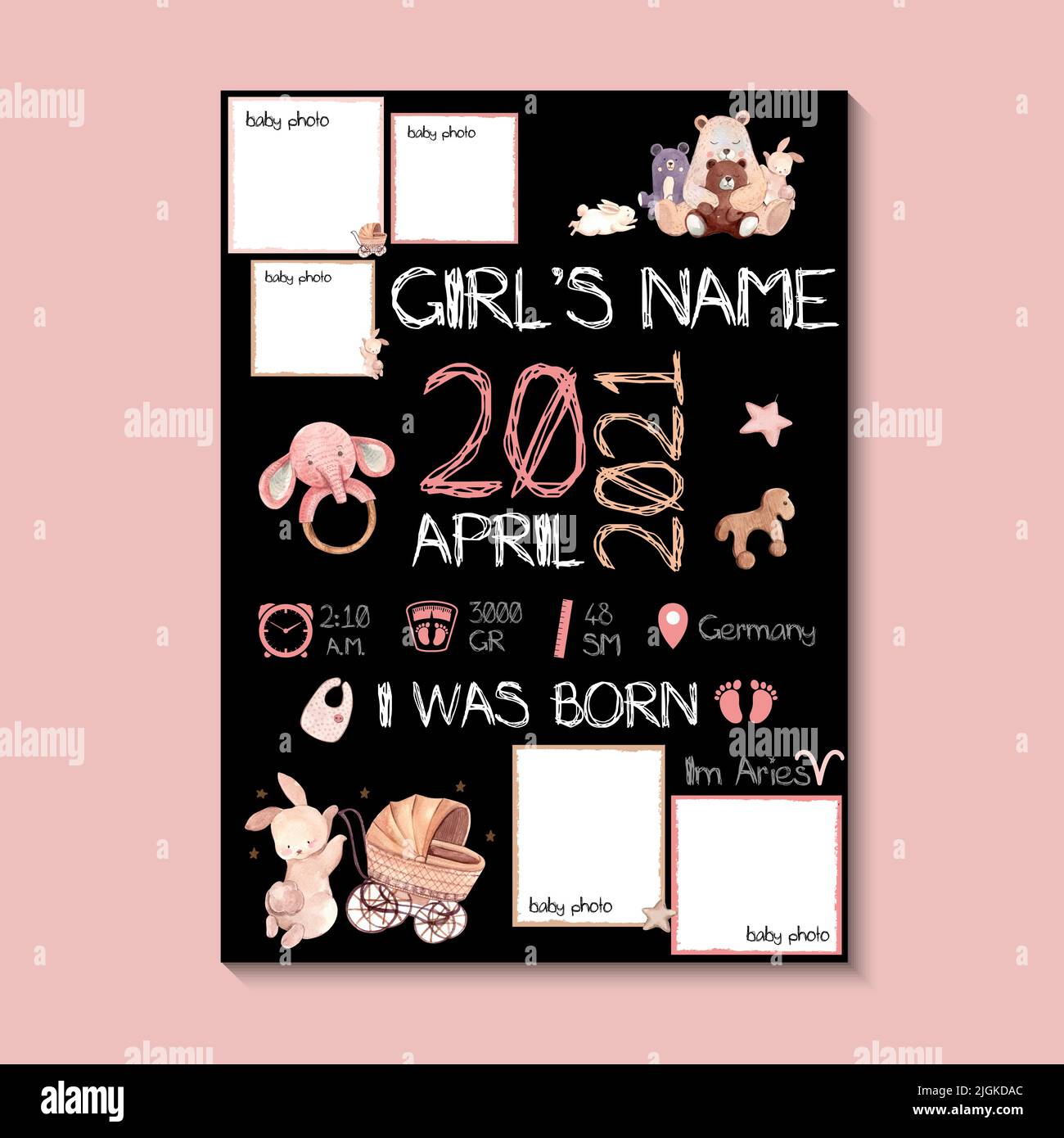Poster ragazza, altezza, peso, data di nascita. Illustrazione vettoriale di orsacchiotto e forniture per bambini su sfondo rosa e nero. Illustrazione Vettoriale