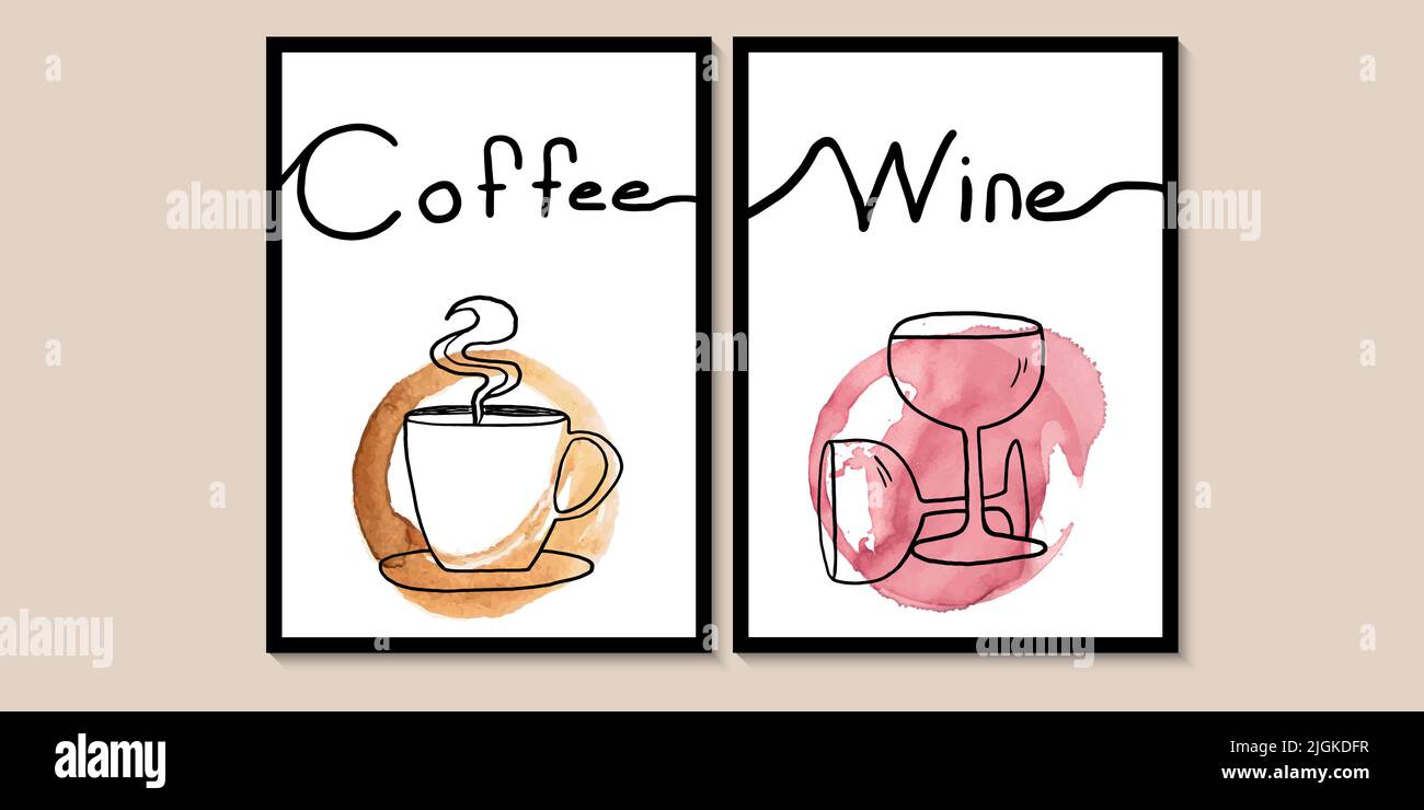 Tazza astratta di caffè e bicchiere di vino. Poster con caffè e vino per caffè, ristorante e bar. Design grafico concettuale. Vettore Illustrazione Vettoriale