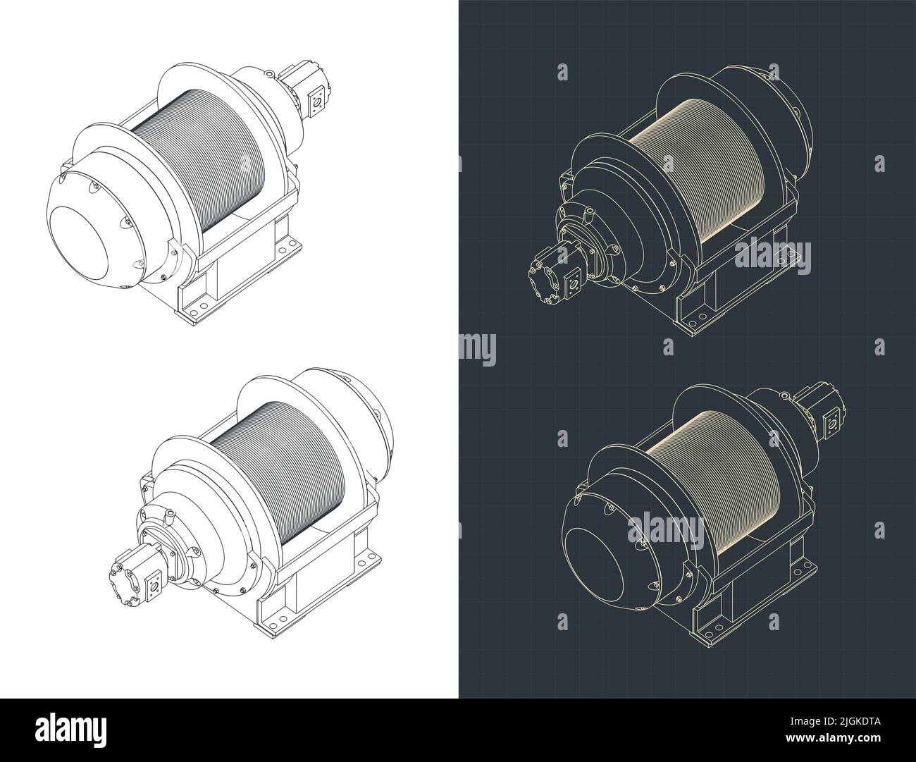 Illustrazioni vettoriali stilizzate di progetti isometrici di grandi verricelli idraulici Illustrazione Vettoriale
