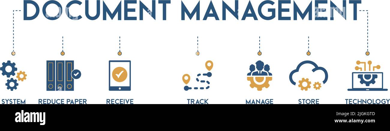 Concetto di illustrazione vettoriale per la gestione dei documenti banner con l'icona del sistema, ridurre la carta, ricevere, monitorare, gestire, negozio e tecnologia. Illustrazione Vettoriale