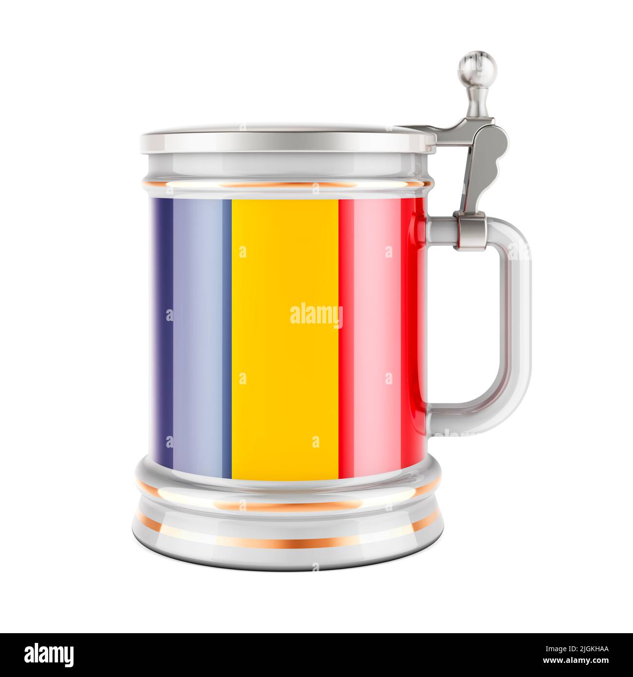Tazza di birra con bandiera rumena, 3D resa isolata su sfondo bianco Foto Stock