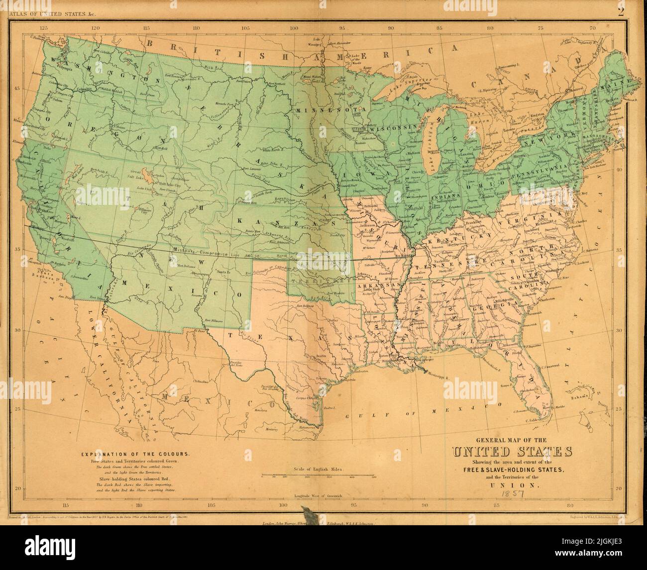Mappa degli Stati Uniti, che mostra l'area e l'estensione degli Stati Holding liberi e schiavi, e territori dell'Unione, 1857, di Henry Darwin Rogers Foto Stock