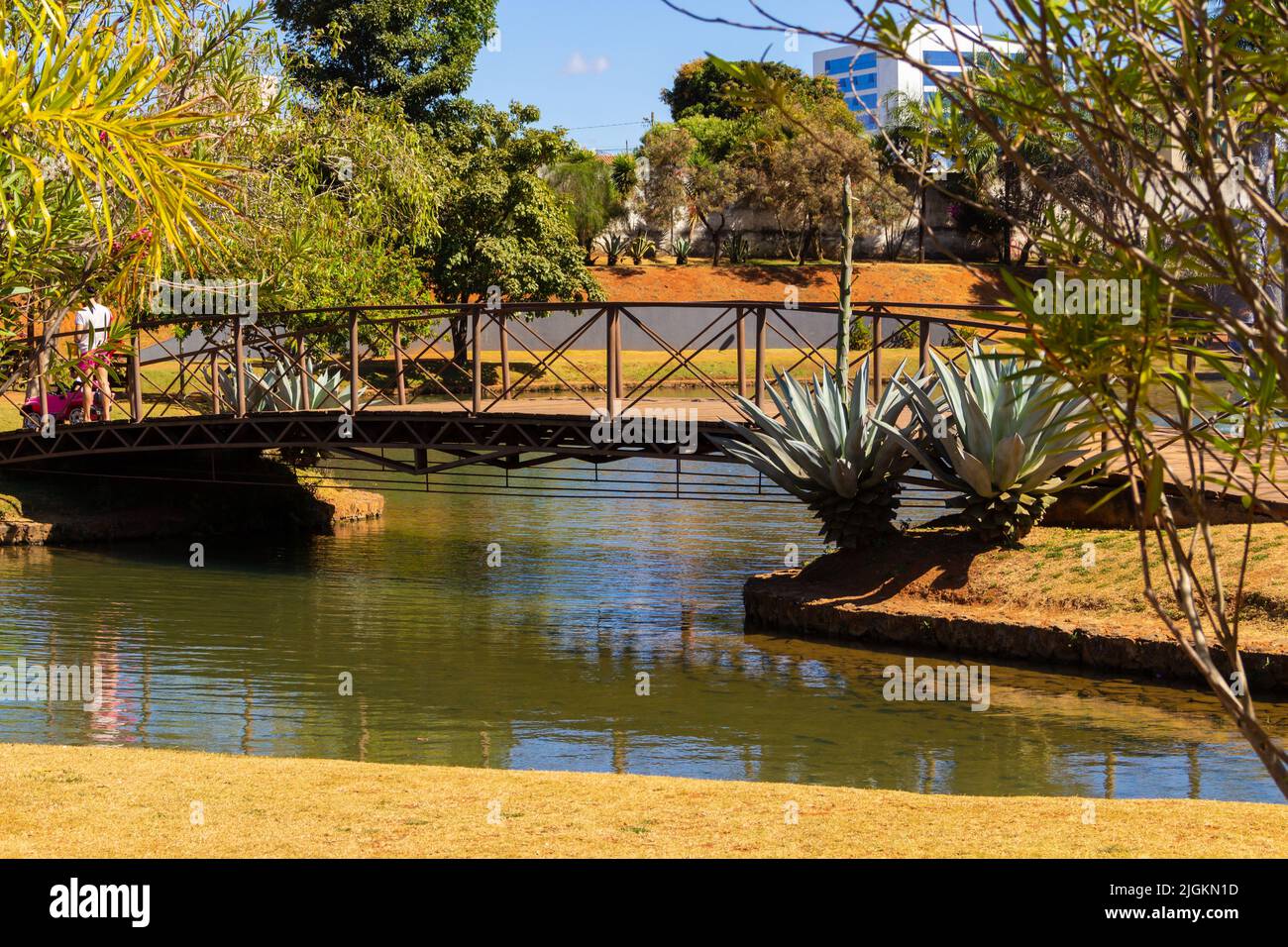 Anápolis, Goiás, Brasile – 10 luglio 2022: Paesaggio di una delle viste del Parco ambientale Ipiranga nella città di Anápolis con un ponte. Foto Stock