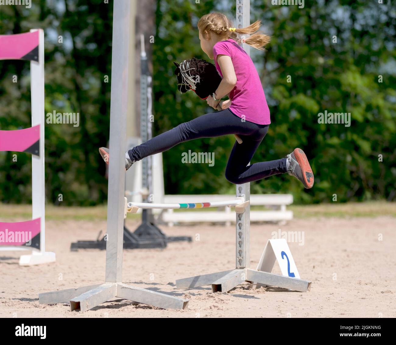 Ragazza che salta su cavallo hobby. Sport equestre. Gara di salto. Campione. Sport del cavallo Foto Stock