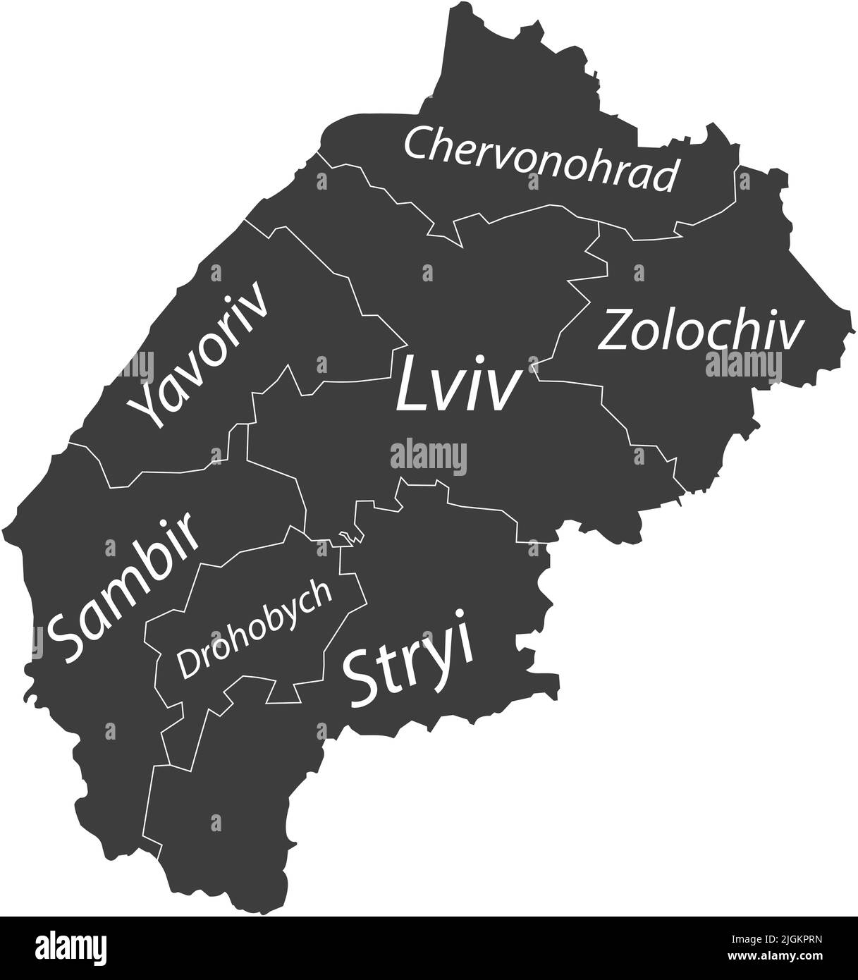 Mappa di grigio scuro taggata di raioni dell'OBLAST DI LVIV, UCRAINA Illustrazione Vettoriale