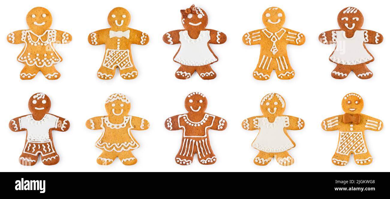Set pani di zenzero ragazzi e ragazze - biscotti dolci di Natale, isolato su sfondo bianco Foto Stock