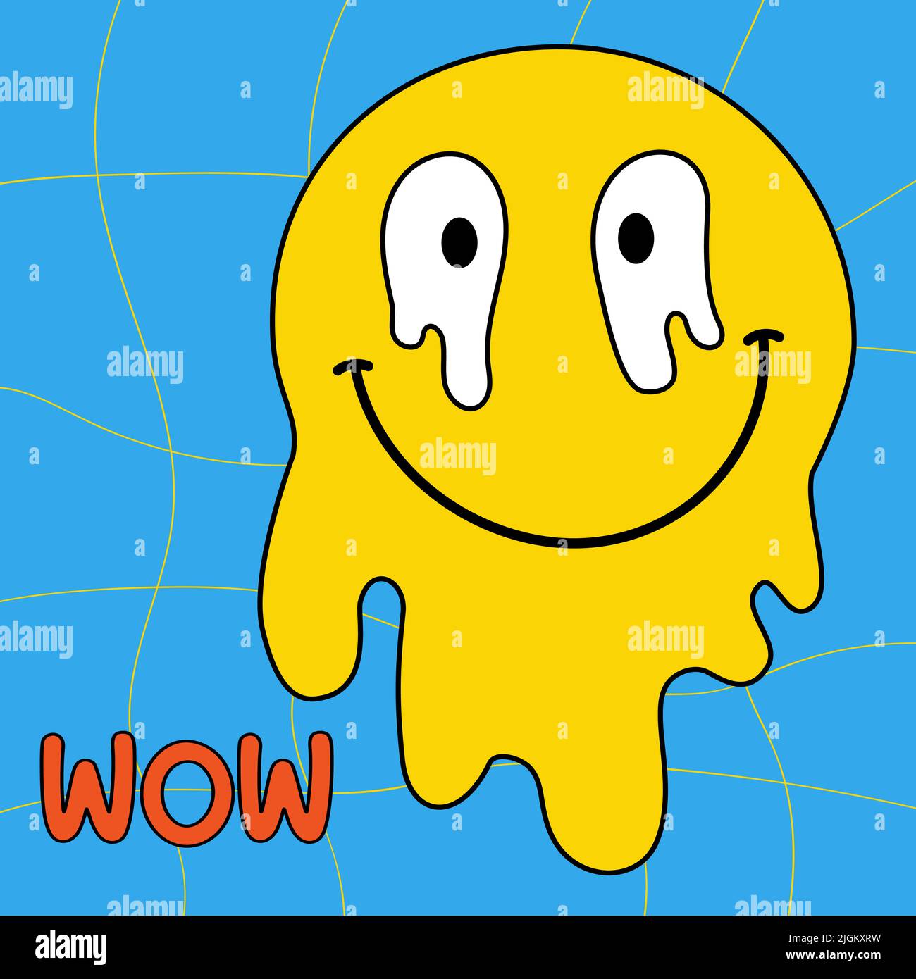 Faccia del sorriso di fusione, adesivo trippy Wow. Divertente psichedelico surreale acido sciogliere sorriso logo volto. Emoji vettore positivo. Fumetto sorriso gocciolante per poster, g Illustrazione Vettoriale