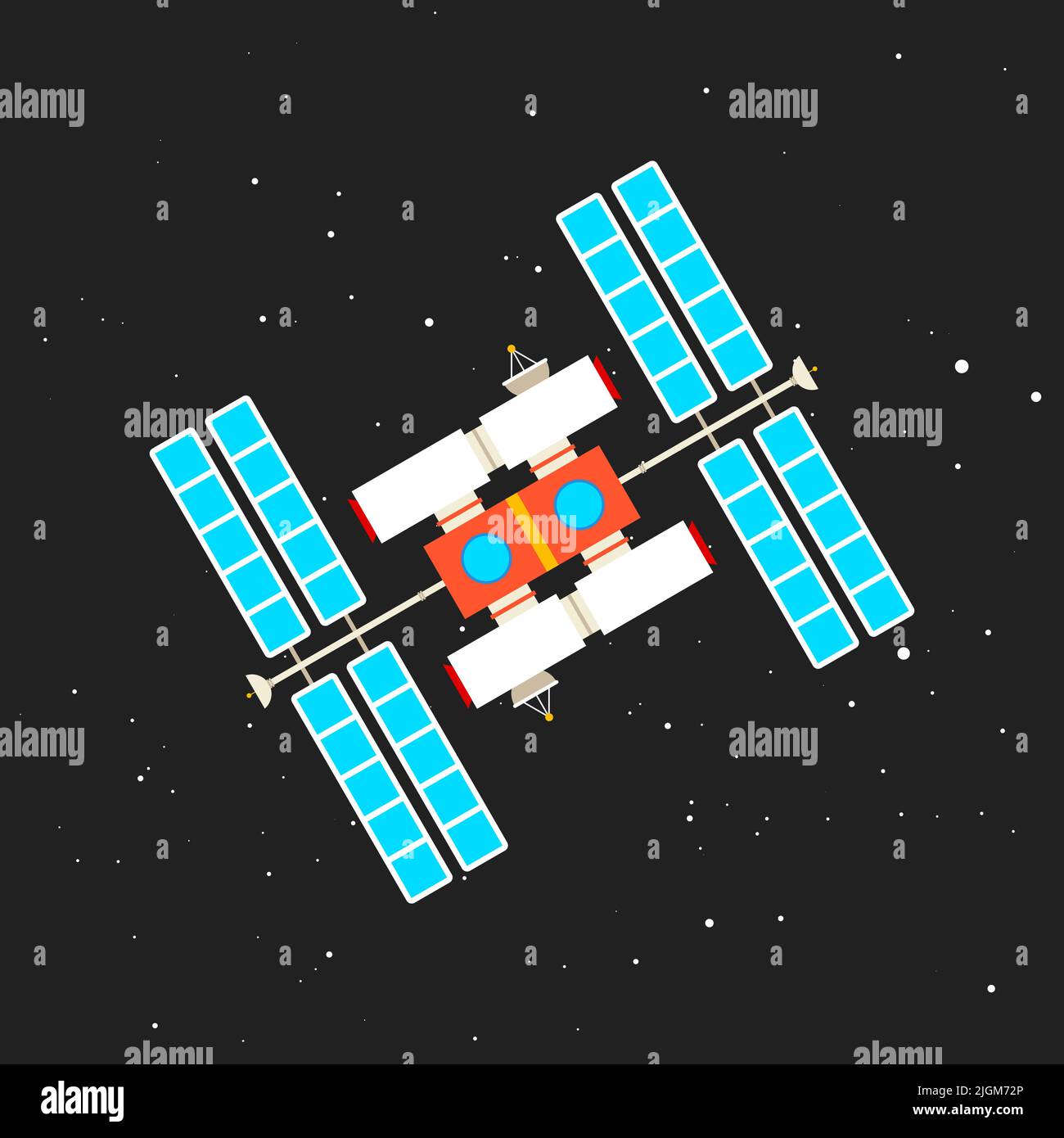 ISS, stazione spaziale internazionale nel cielo nero tra le stelle. Illustrazione vettoriale piatta. Illustrazione Vettoriale