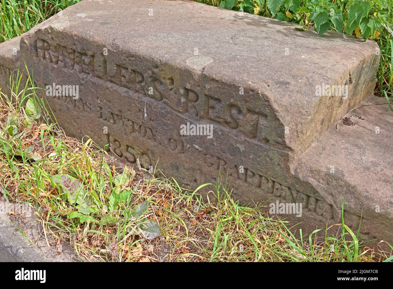 Pietra di riposo dei viaggiatori, data da Thomas Lawton, di Grappenhall ,1859, Warrington, Cheshire, Inghilterra, REGNO UNITO, WA4 2EF Foto Stock