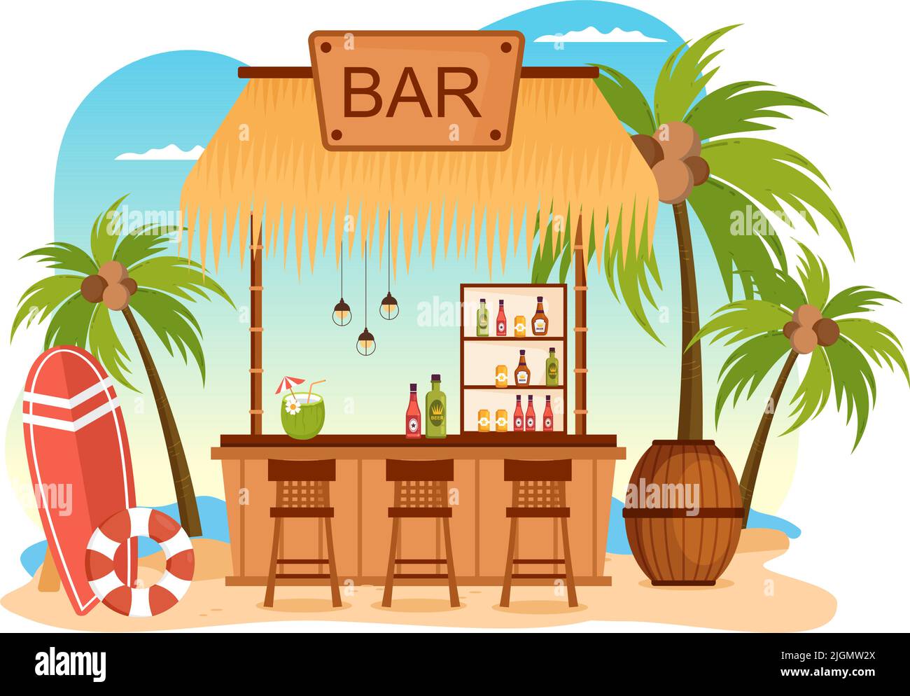 Tropical Bar o Pub in spiaggia con bevande alcoliche bottiglie, barman, tavolo, interni e sedie da mare in Flat Cartoon Illustrazione Illustrazione Vettoriale