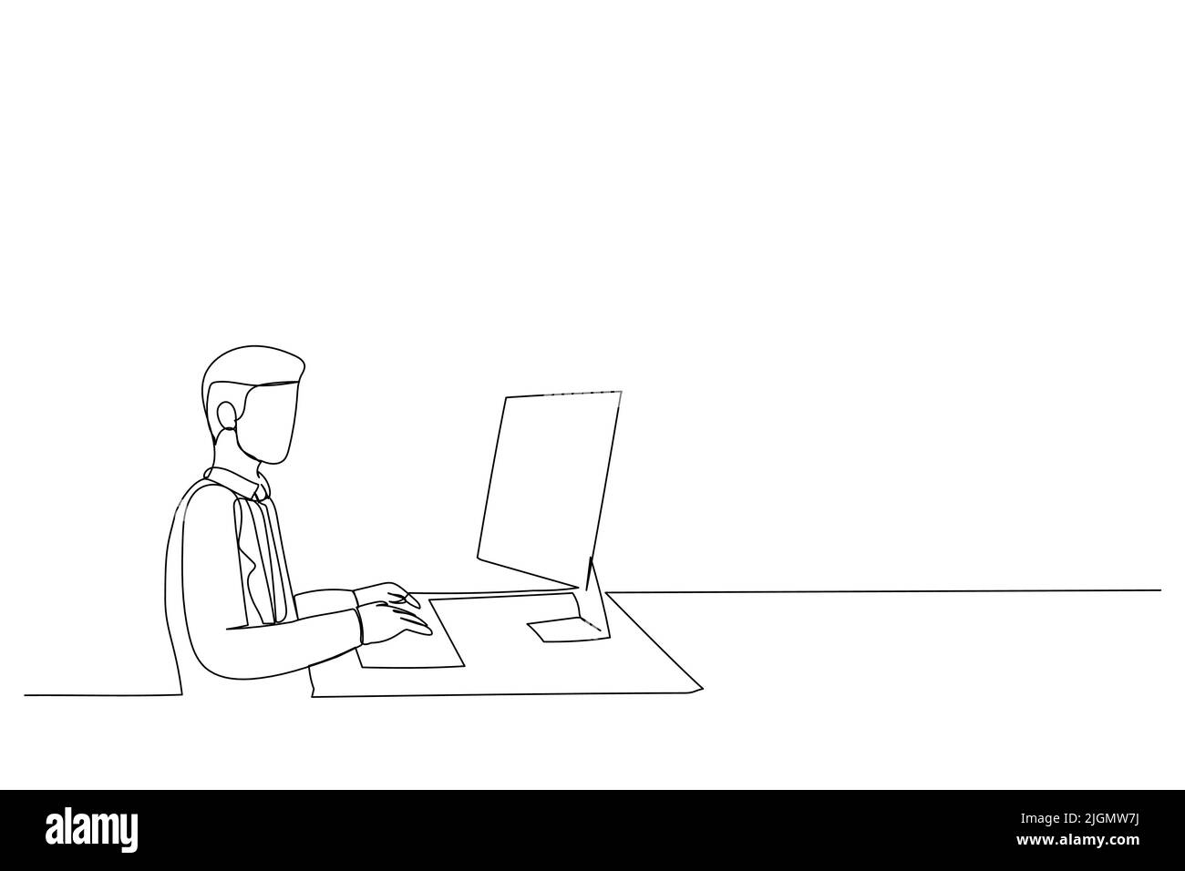 Personaggio del team Aziende che lavora da casa in una videoconferenza. Il ragazzo comunica tramite videochiamata con i suoi colleghi di lavoro sul futuro Illustrazione Vettoriale