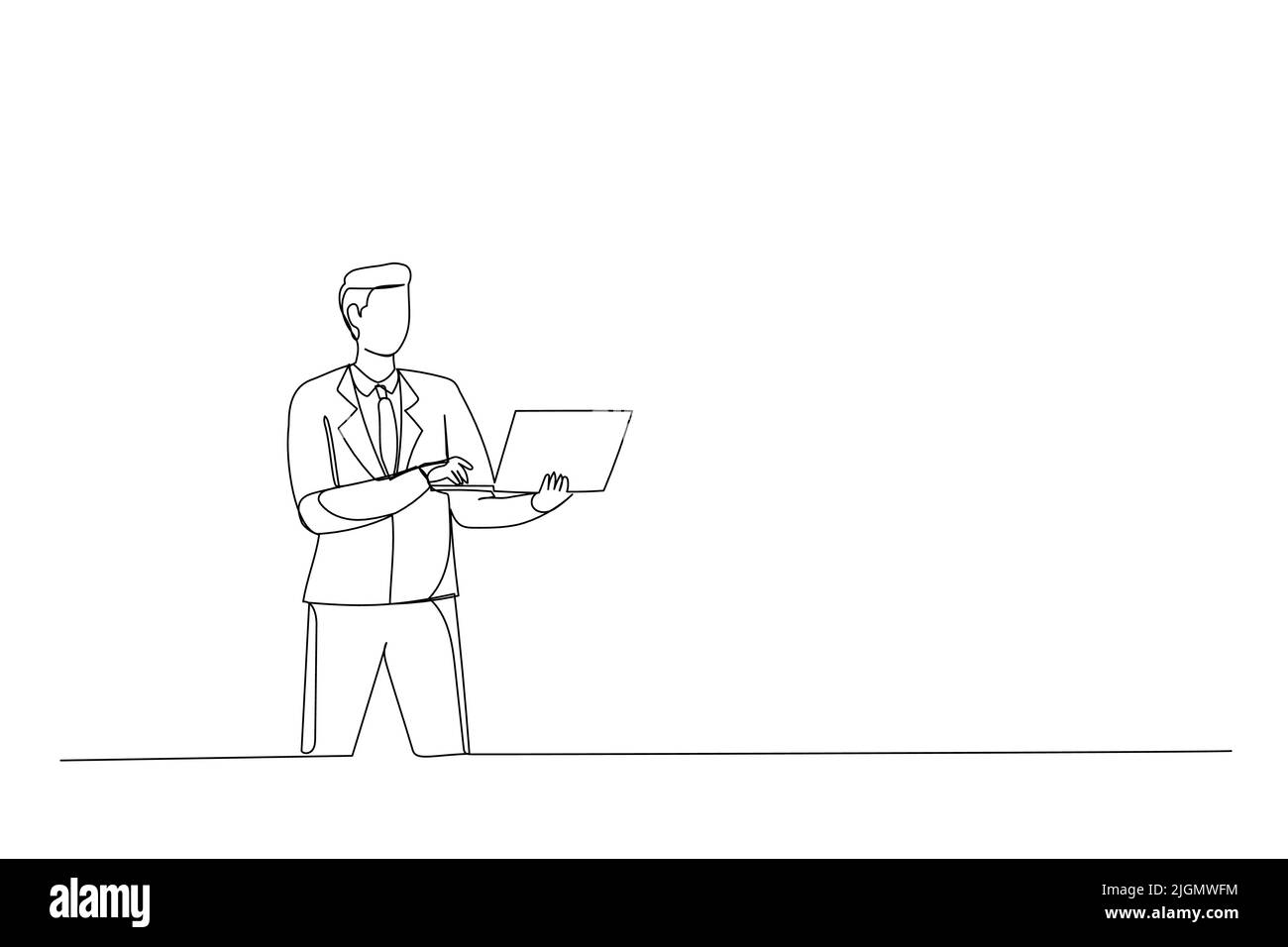 Disegno a riga singola di agente di tipo attraente broker che tiene in mano laptop lavoro isolato su sfondo bianco Illustrazione Vettoriale