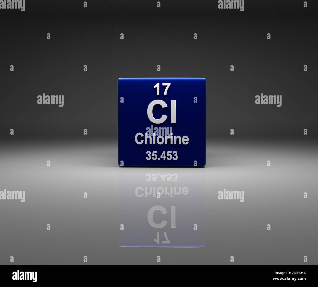 Cubo con numero di cloro 17 tabella periodica, 3D rendering Foto Stock
