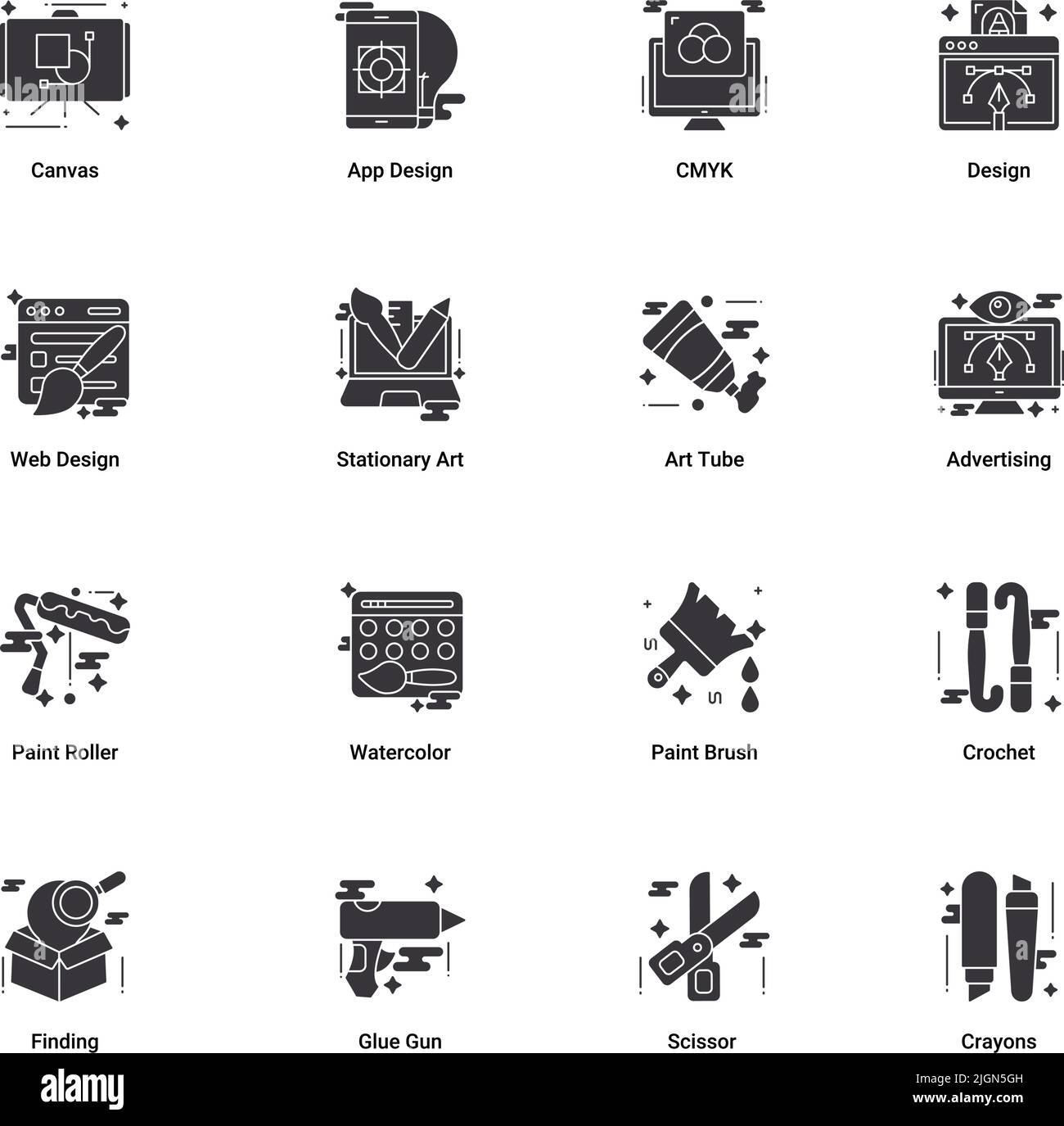 Art & Designing, disegno e web e grafica icone di disegno insieme. Illustrazione del vettore glifo. Illustrazione Vettoriale