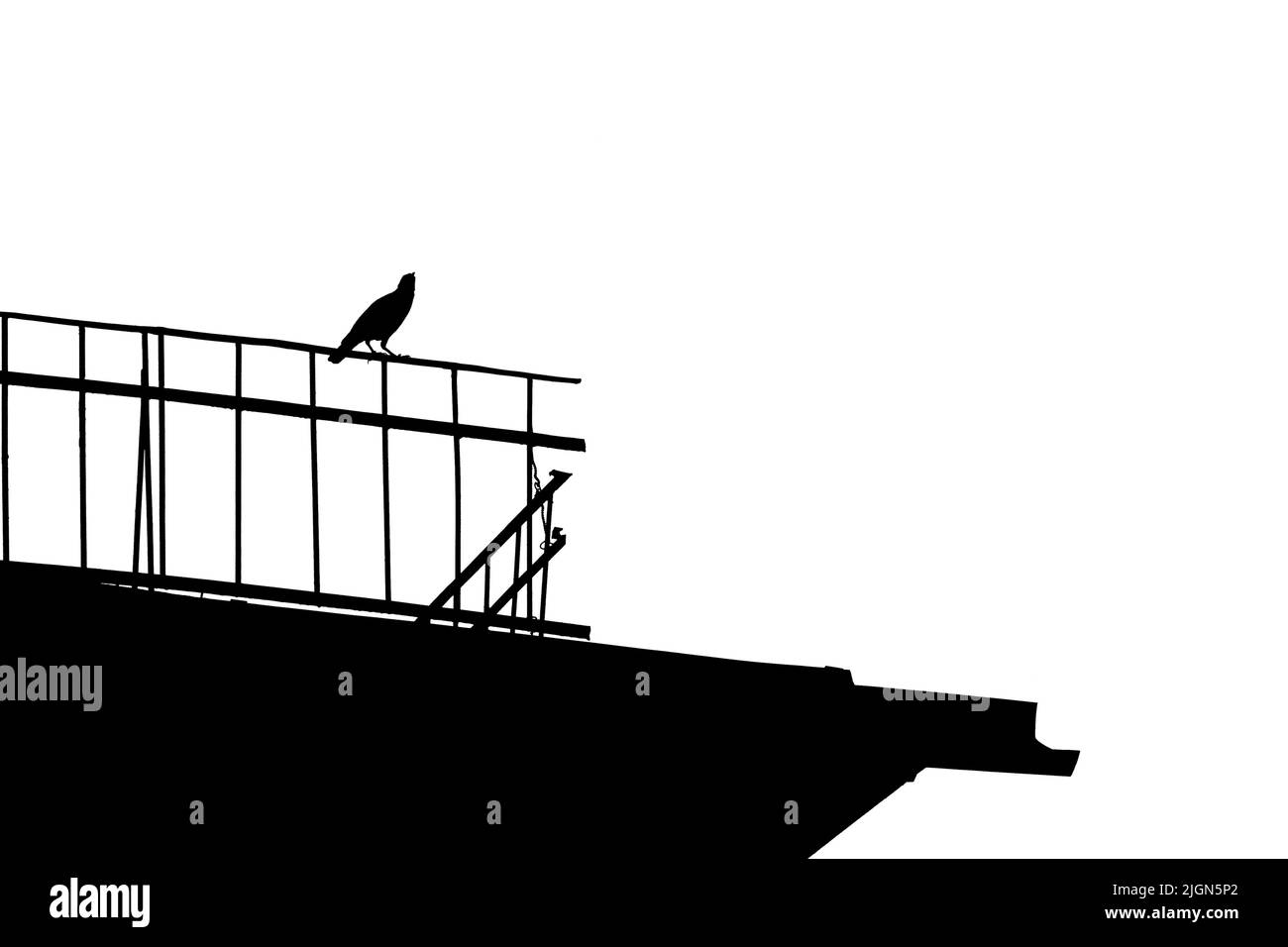 Silhouette di corvo nero sul tetto della casa su sfondo bianco isolato. Elemento di progettazione. Halloween. Spazio di copia Foto Stock