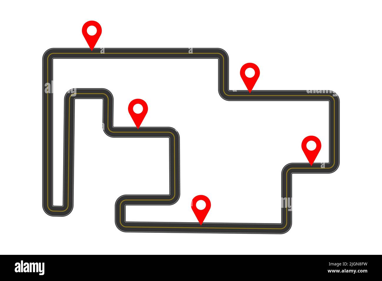Modello di roadmap con cartine rosse. Concetto infografico di consegna, viaggio, piano di viaggio isolato su sfondo bianco. Illustrazione piatta vettoriale. Illustrazione Vettoriale