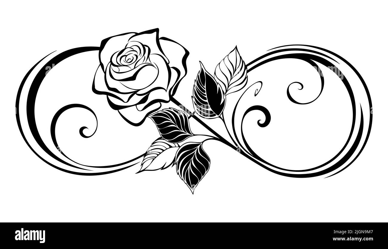 Simbolo nero a forma di infinito con fiore, rosa con contorno a stelo dritto su sfondo bianco. Stile tatuaggio. Illustrazione Vettoriale