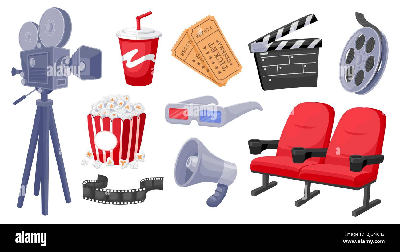 Elementi del film cartoon. Biglietti per la fotocamera drink megaphone clapper popcorn cinema 3D simboli, film e immagini accessori per la produzione di film. Vettore isolato Illustrazione Vettoriale