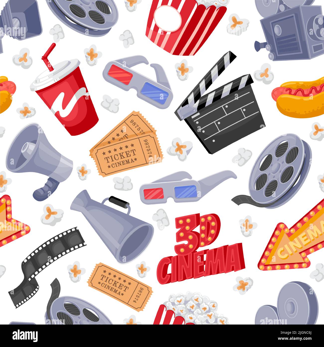 Schema elementi filmato. Stampa senza giunture dei simboli del cinema e del cinema teatro, biglietto della bobina della macchina fotografica popcorn clapper megaphone icone. Trama vettoriale Illustrazione Vettoriale