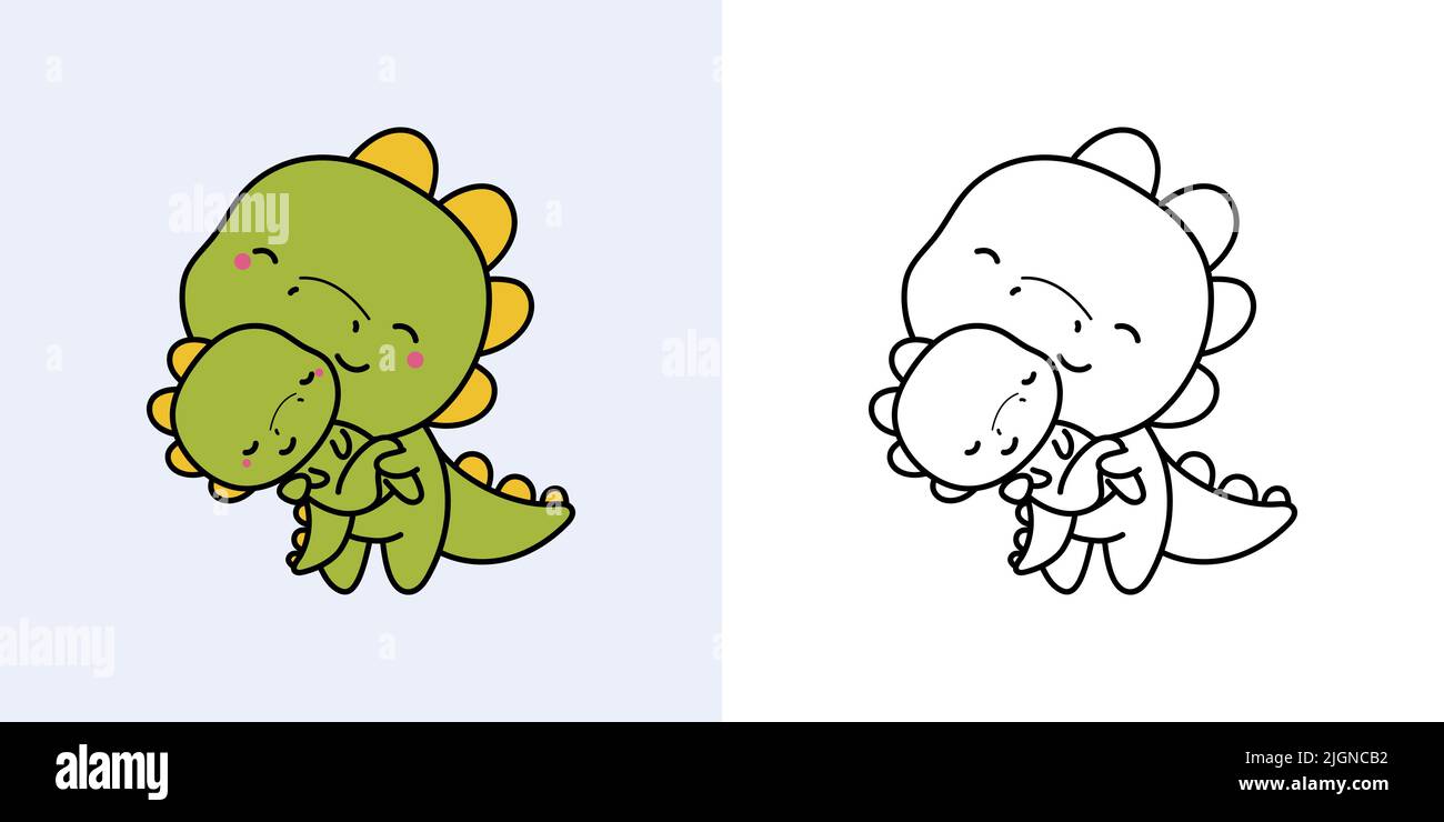 Illustrazione di cute Dino Clipart e bianco e nero. Divertente clip Art Dinosaur. Illustrazione vettoriale di un animale di Kawaii per colorare le pagine, gli adesivi, il bambino Illustrazione Vettoriale